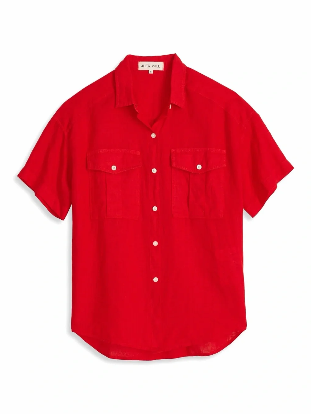 Alex Mill Women’s Wash & Go 100% Linen Utility Shirt Shortsleeve in Red XL